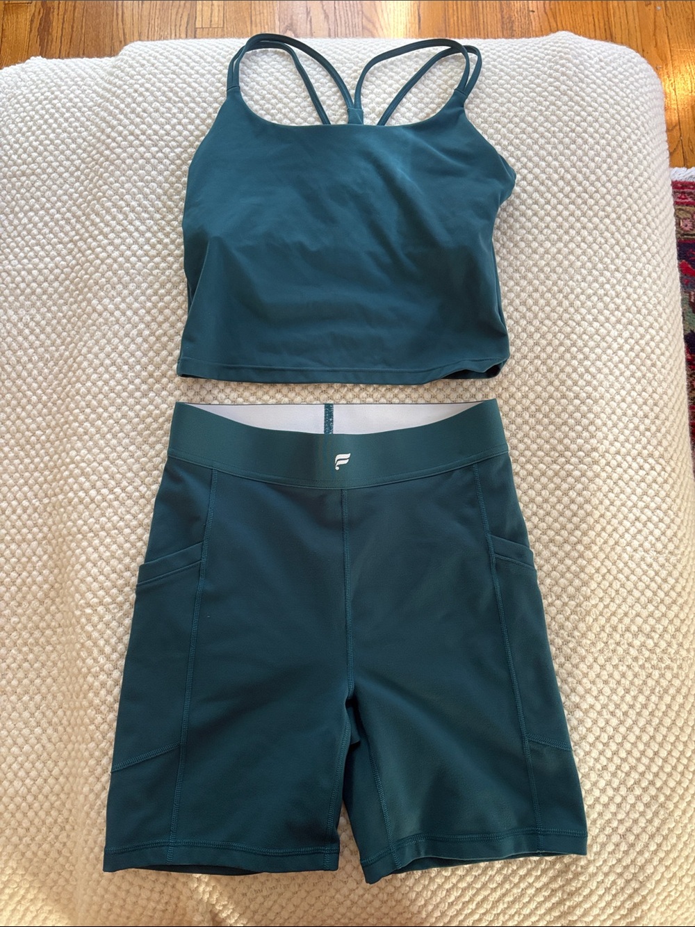 Fabletics Teal Strappy Crop Top & High-Waist Bike Shorts